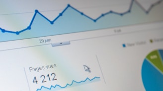A computer screen displaying a data analytics dashboard with graphs and charts. A blue line graph shows fluctuations in data over time, and a section highlights the number of page views. A pie chart is partially visible, indicating a breakdown of different data elements.